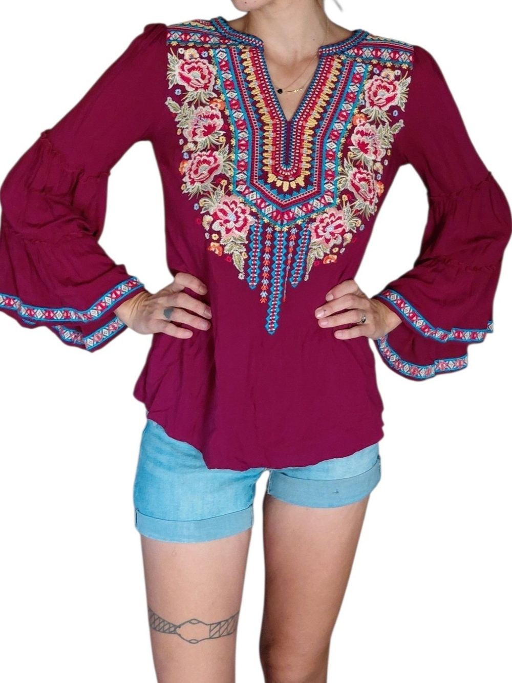 Savanna Jane Burgundy Embroidered Bell Sleeve Boho Top Size S